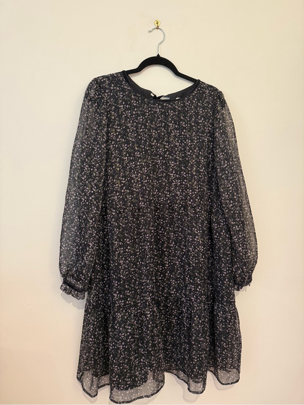 LOFT Black Floral Long Sleeve Tiered Dress